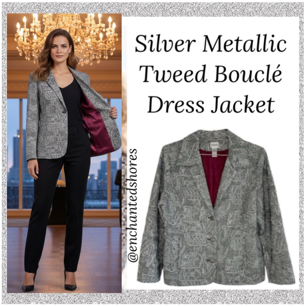 Metallic Blazer Silver Black Tweed Boulcé Career Power Suit Jacket Large Size 2